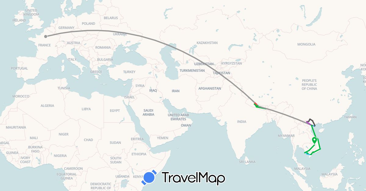 TravelMap itinerary: driving, bus, plane, train, hiking, boat, motorbike in France, Cambodia, Nepal, Vietnam (Asia, Europe)